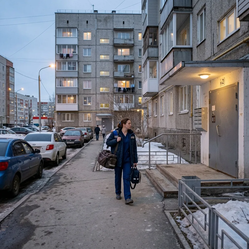 Нарколог с медицинской сумкой у подъезда жилого дома