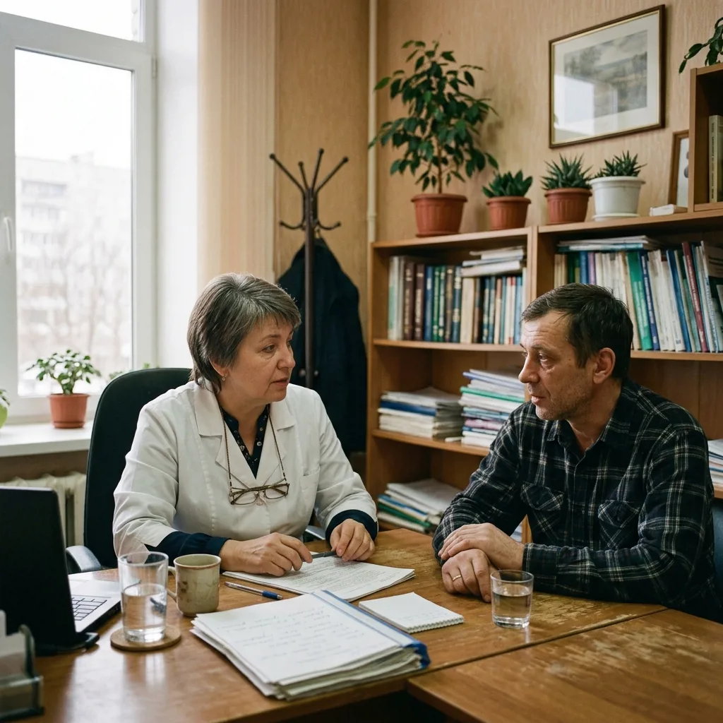 Врач-нарколог на приёме разговаривает с пациентом