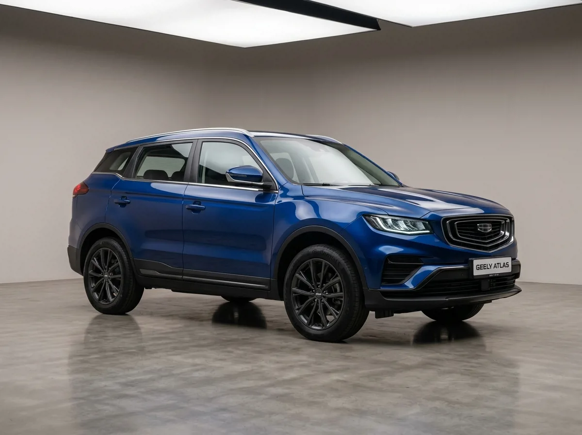 Новый Geely Atlas синего цвета в автосалоне Астрахани