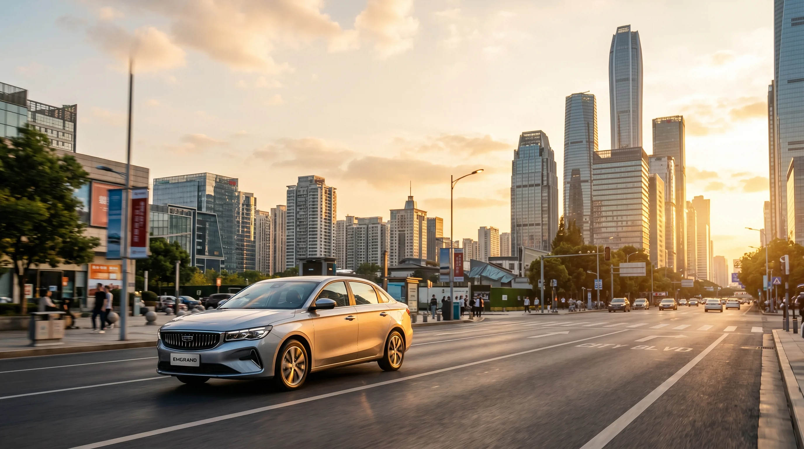 Новый Geely Emgrand на фоне города Астрахань